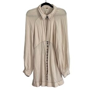 Free People Cream Contrast Stitch Button Front Bishop Sleeve Mini Dress Medium